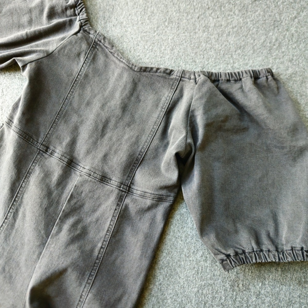 Puff Sleeve Washed Black Denim Jumpsuit Flare Leg Sz‎ Small 70s Retro Minimalist
